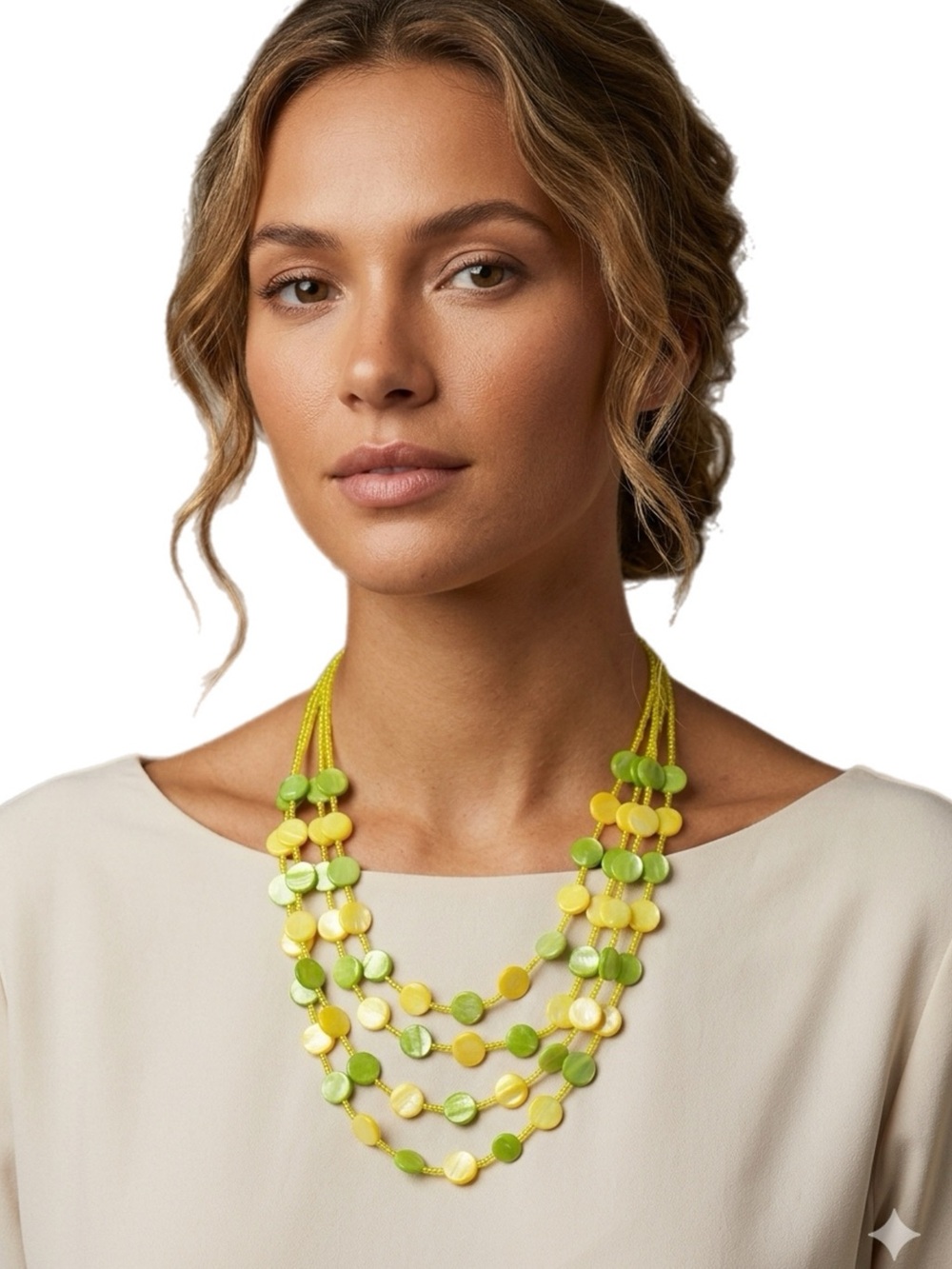 Beaded Layered Mother of Pearl Necklace in Lime & Yellow